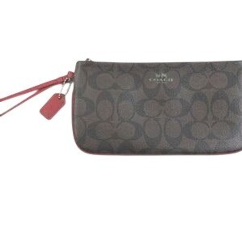 Coach Signature Monogram Brown and Pink Leather Trim Zip Top‎ Wristlet Wallet